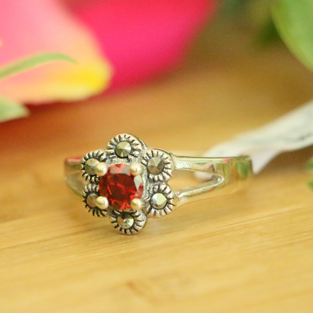 925 Sterling silver marcasite Cz garnet